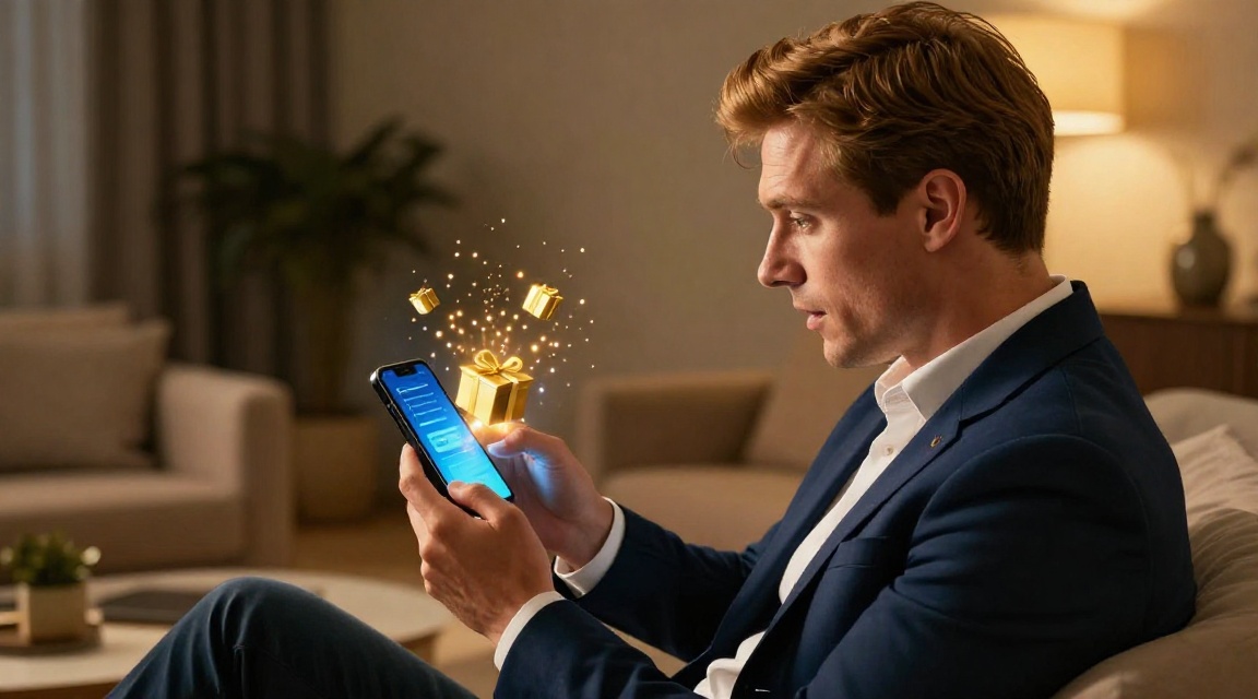 Мужчина проверяет бонус на день рождения в приложении букмекера на смартфоне
