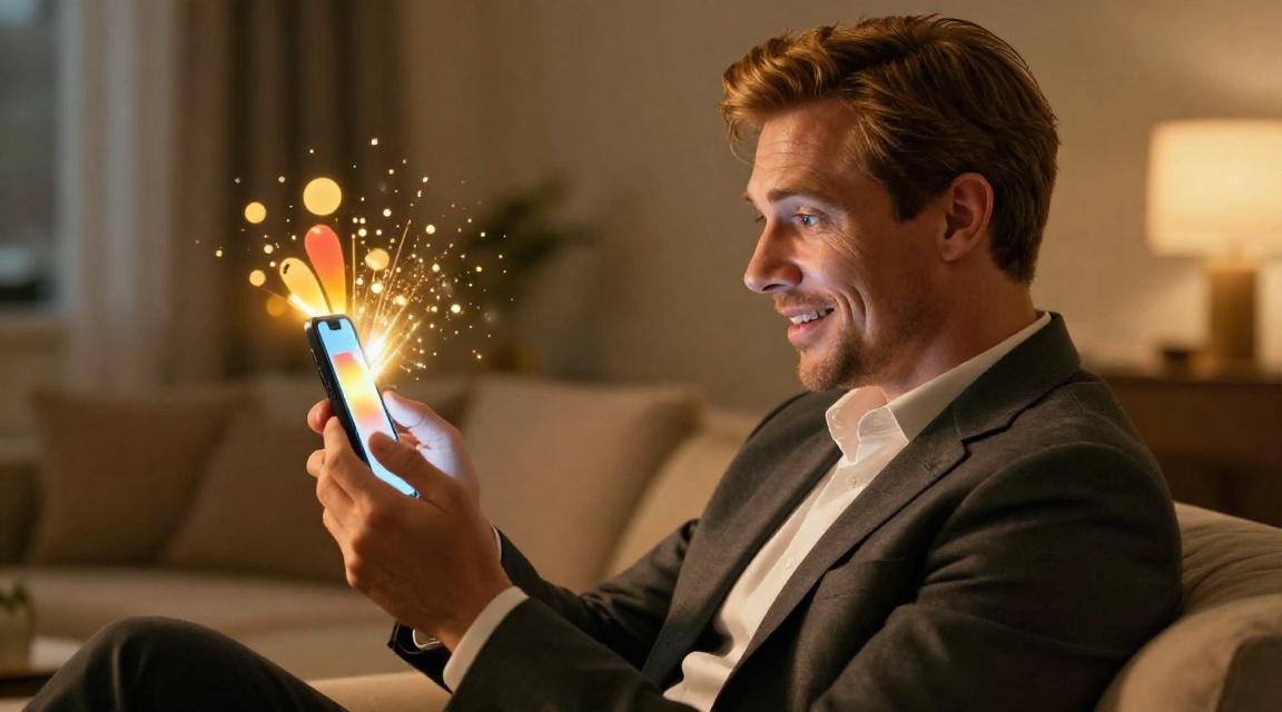 Мужчина с приятным удивлением смотрит в телефон в свой день рождения, ожидая бонус от букмекера